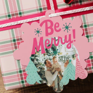 Be Merry Pink Scribble Tree Arched Photo Decoration Card