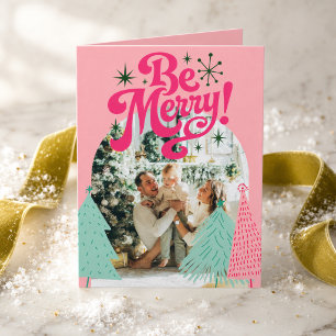 Be Merry Pink Scribble Tree Arched Photo Holiday Card