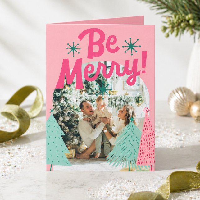 Be Merry Pink Scribble Tree Arched Photo  Holiday Card (Be Merry Pink Scribble Tree Arched Photo Holiday Card)
