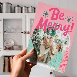 Be Merry Pink Scribble Tree Arched Photo  Holiday Card