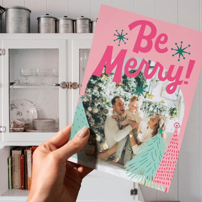 Be Merry Pink Scribble Tree Arched Photo  Holiday Card (Send cheer with this bold and playful holiday card featuring a bright pink background.)