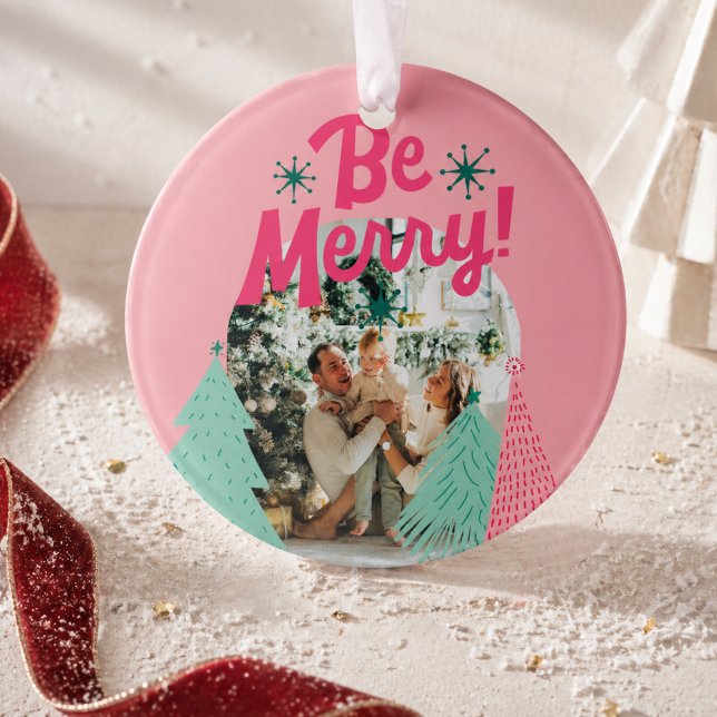 Be Merry Pink Scribble Tree Arched Photo Ornament (Be Merry Pink Scribble Tree Arched Photo Ornament)
