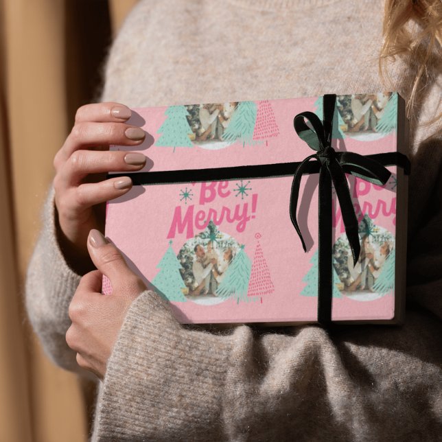 Be Merry Pink Scribble Tree Arched Photo Wrapping Paper (Send cheer with this bold and playful holiday wrapping paper!)