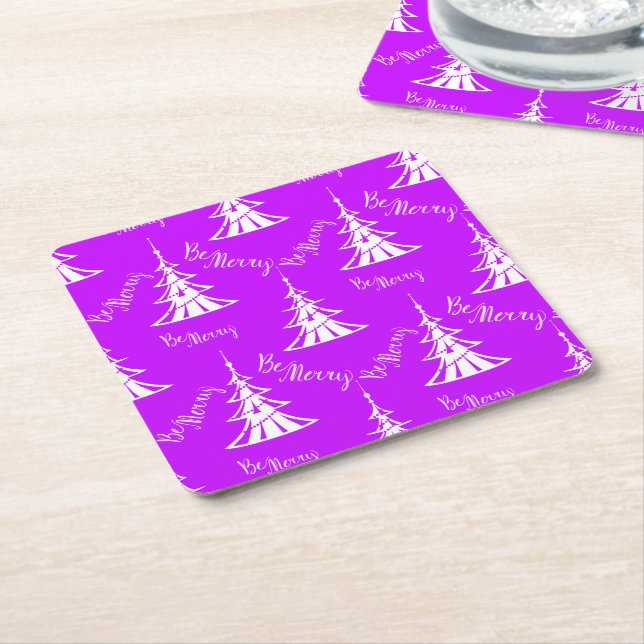 Be Merry Purple Christmas Square Paper Coaster (Angled)