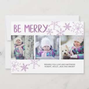 Be Merry Purple Snowflakes Three Photo Collage Holiday Card