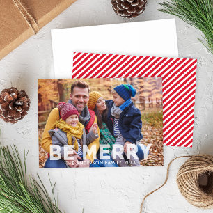 Be Merry   Red Stripes Modern Overlay Photo Holiday Card