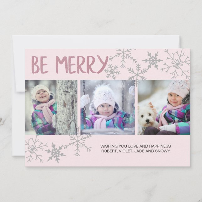 Be Merry Snowflakes 3 Photo Collage Pink Holiday Card (Front)