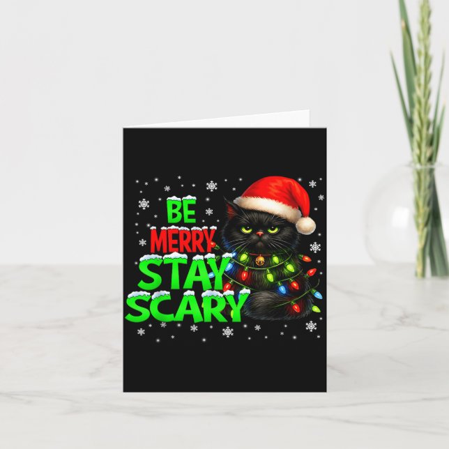Be Merry Stay Y Black Cat Funny Halloween Christma Card (Front)