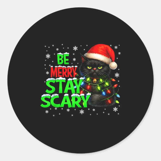 Be Merry Stay Y Black Cat Funny Halloween Christma Classic Round Sticker (Front)