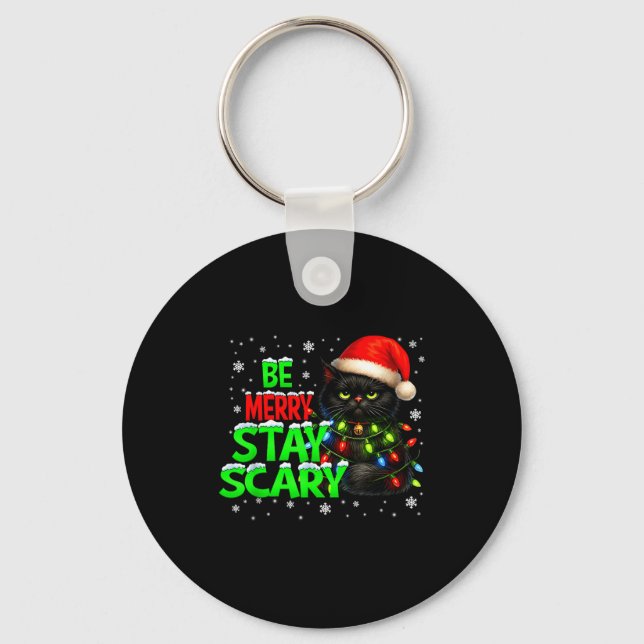Be Merry Stay Y Black Cat Funny Halloween Christma Key Ring (Front)