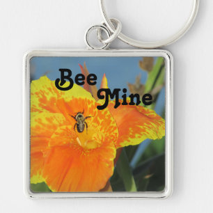 Be Mine Bee Pun Bright Orange Flower Photo Floral Key Ring