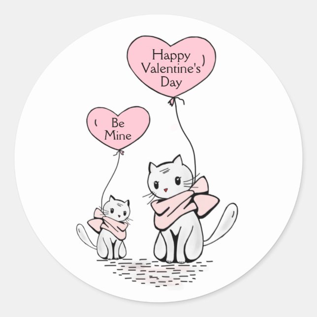 Be Mine Happy Valentine's Day Cats & Balloons Clas Classic Round Sticker (Front)