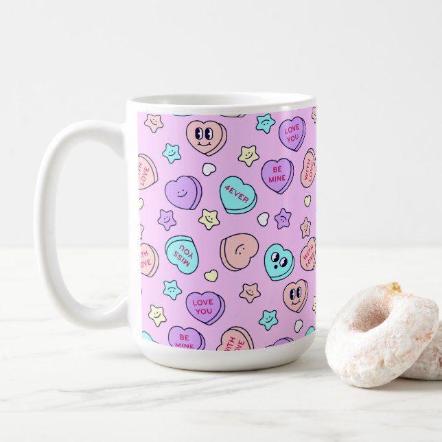 Be Mine Pastel Heart and Star Lavender Coffee Mug (With Donut)