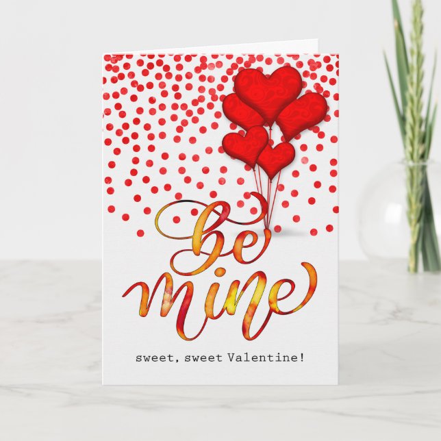 Be Mine Sweet Valentine Heart Balloons Watercolor Holiday Card (Front)
