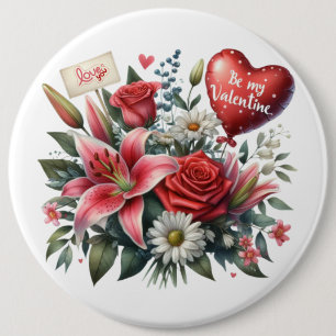 Be Mine Valentine floral/heart  6 Cm Round Badge