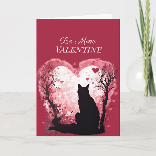 Be Mine Valentine Red Hearts Black Cat Holiday Card (Front)
