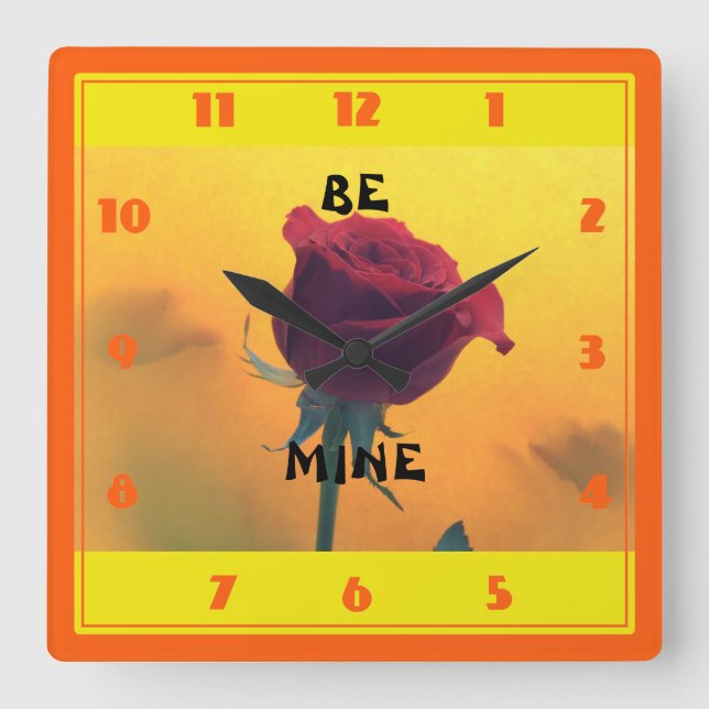 BE MINE Valentine Red Rose Square Wall Clock (Front)
