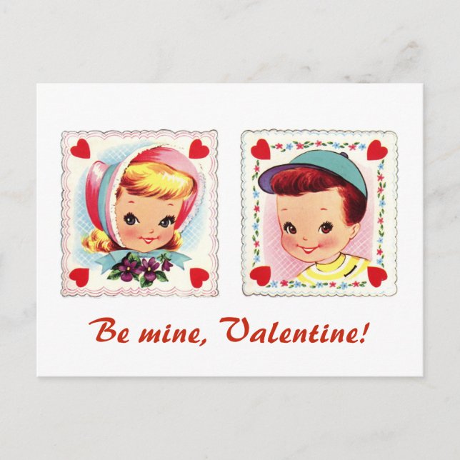 Be Mine Valentine Retro Cute Boy and Girl Holiday Postcard (Front)