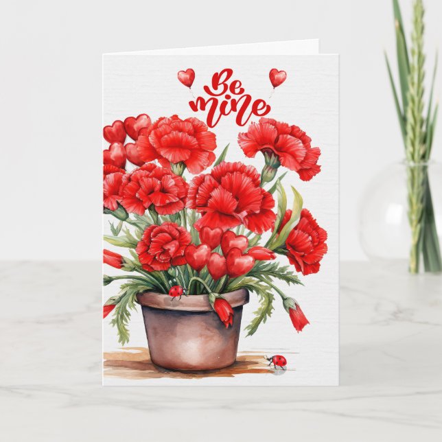 Be Mine Valentine's Day Red Carnations and Hearts Holiday Card (Front)