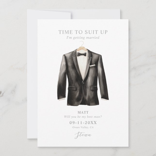 Be My Best Man Watercolor Black & White Tuxedo Invitation (Front)