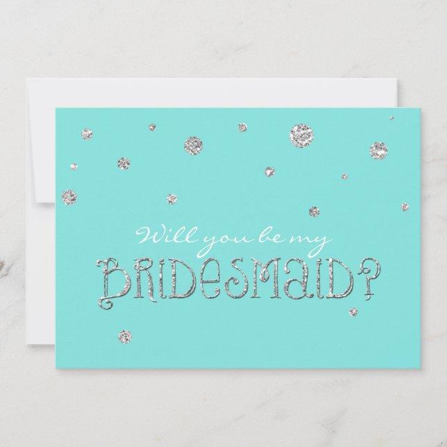 BE MY BRIDESMAID Aqua Blue Silver Glitter Card (Front)