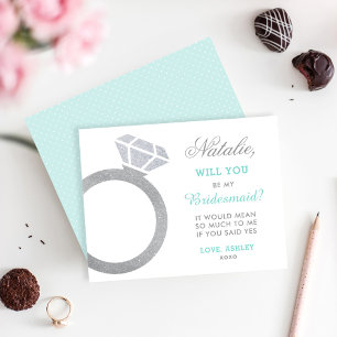 Be My Bridesmaid Aqua Diamond Ring Custom Name Invitation