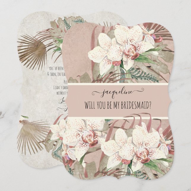 Be my Bridesmaid Blush Pink Tropical Orchid Floral Invitation (Front/Back)