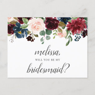 Be My Bridesmaid Burgundy Blue Flowers Invitation Postcard