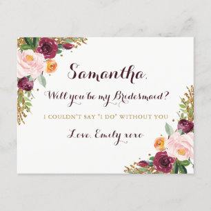 Be My Bridesmaid Card Burgundy Gold Floral Glitter