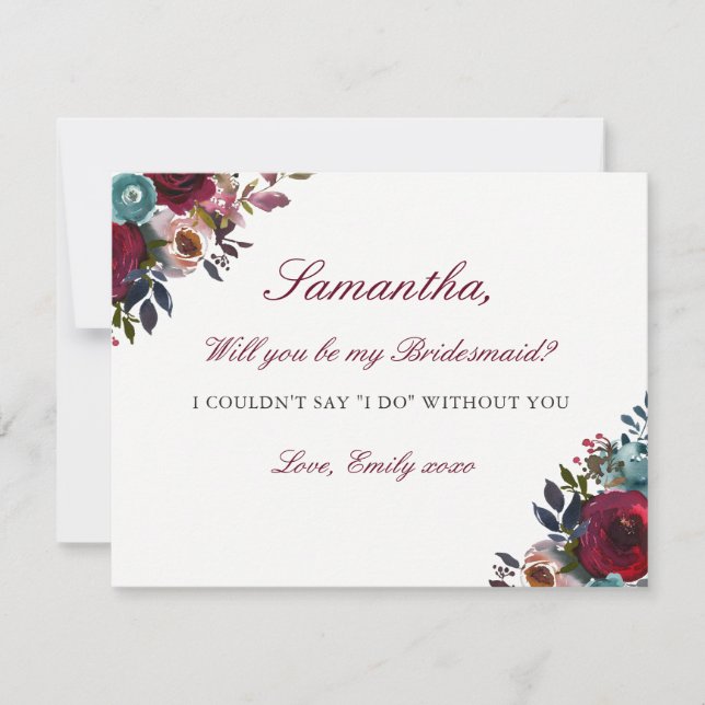 Be My Bridesmaid Card Burgundy Watercolor Floral (Front)