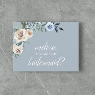 Be My Bridesmaid Dusty Blue Beige Flowers Boho Inv Invitation Postcard