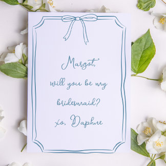 Be my bridesmaid? Dusty Blue Elegant Bow Proposal Invitation