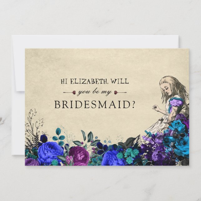 Be My Bridesmaid Floral Dark Alice in Wonderland Invitation (Front)