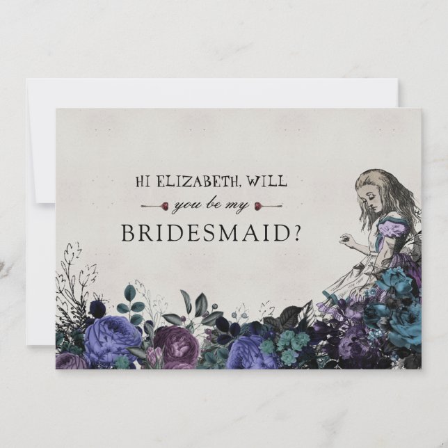 Be My Bridesmaid Floral Grey Alice in Wonderland Invitation (Front)