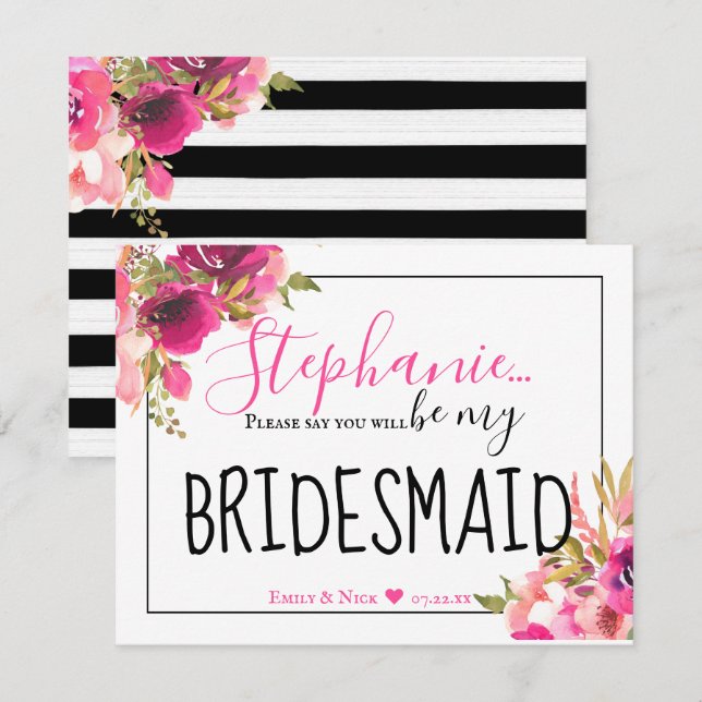 Be My Bridesmaid Hot Pink Floral and Black Invitation (Front/Back)