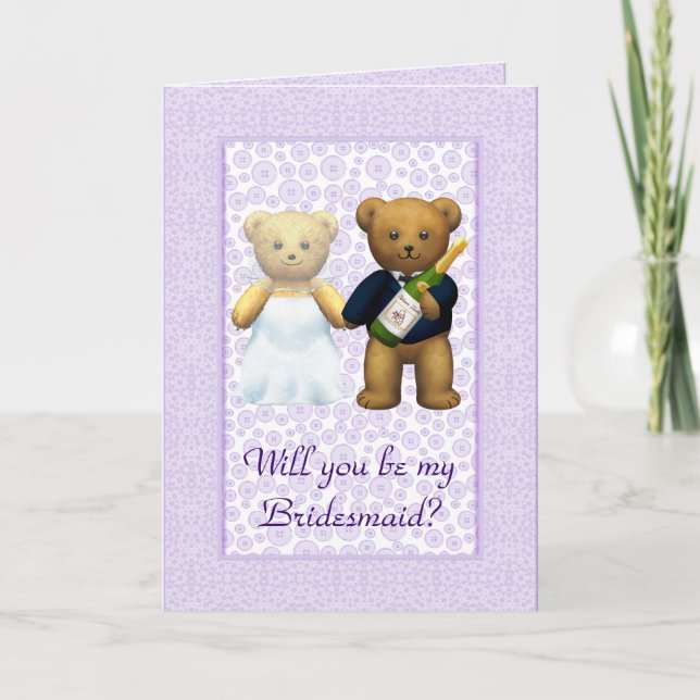 Be my Bridesmaid Lilac Teddy bear couple invite (Front)