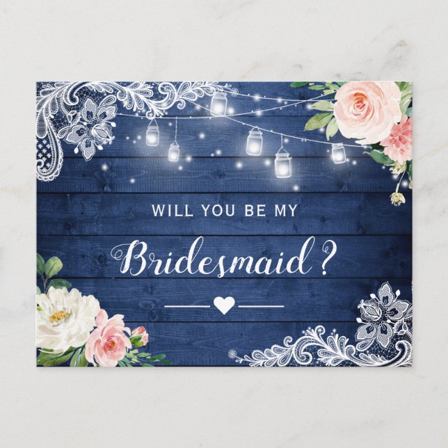 Be My Bridesmaid Proposal Rustic Blue Blush Floral Invitation Postcard (Front)