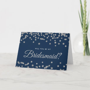 Be My Bridesmaid Silver Glitter Confetti Navy Blue Invitation
