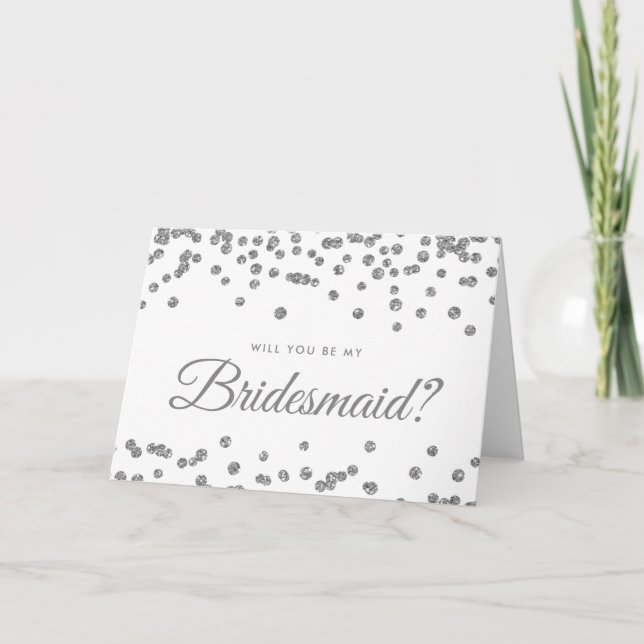 Be My Bridesmaid Silver Glitter Confetti White Invitation (Front)
