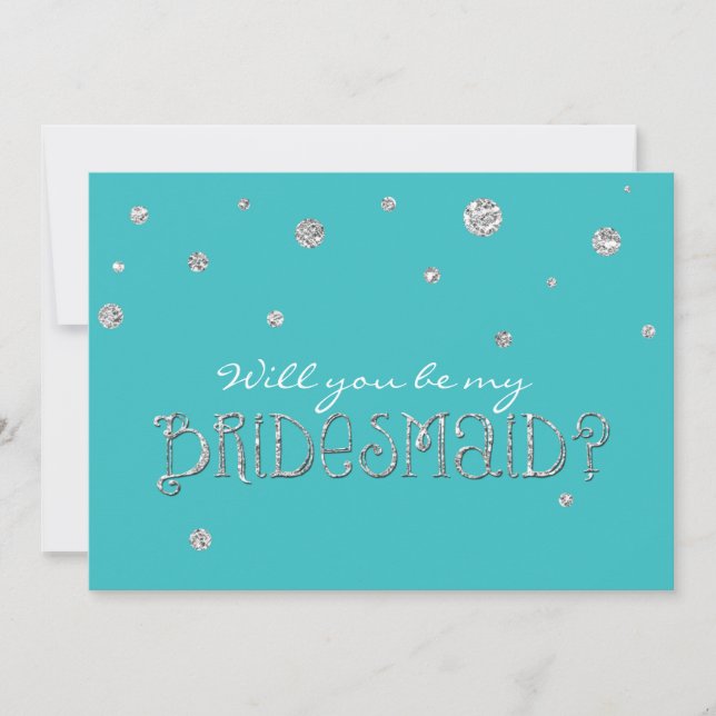 BE MY BRIDESMAID Turquoise Silver Glitter Card (Front)