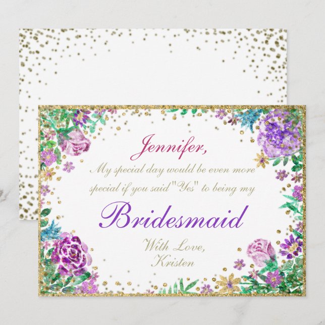 Be My Bridesmaid | Watercolor Flowers Invitation (Front/Back)