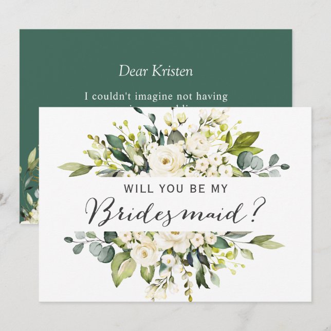 Be My Bridesmaid White Roses Floral Bouquet Invitation (Front/Back)