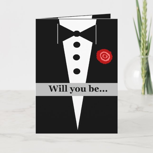 Be My Bridesman Card with Tux and Rose (Front)