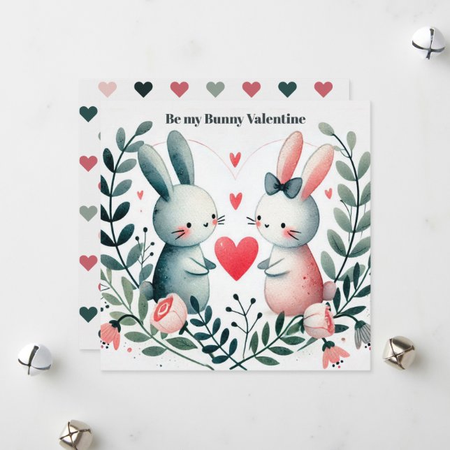 "Be My Bunny Valentine" Bunnies in Heart Wreath Holiday Card (Front/Back In Situ)