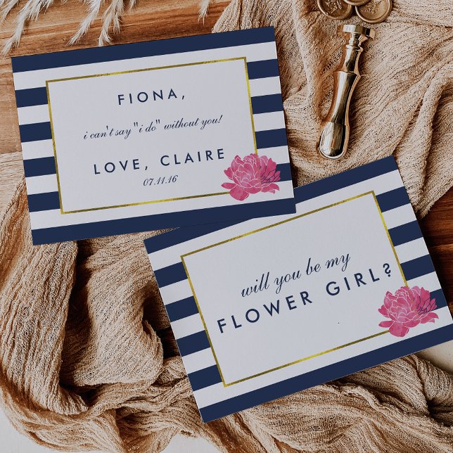 Be My Flower Girl Card | Navy Stripe & Pink Peony (Creator Uploaded)