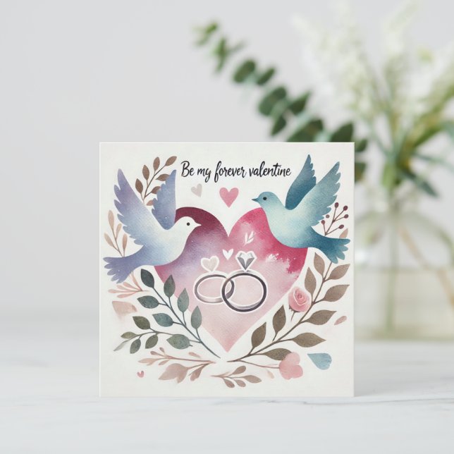 Be My Forever Valentine with Doves, Rings, Wreath Holiday Card (Standing Front)