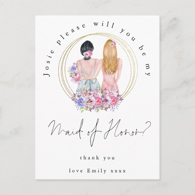 Be My Maid of Honour Blonde Brunette Girls Invitation Postcard (Front)