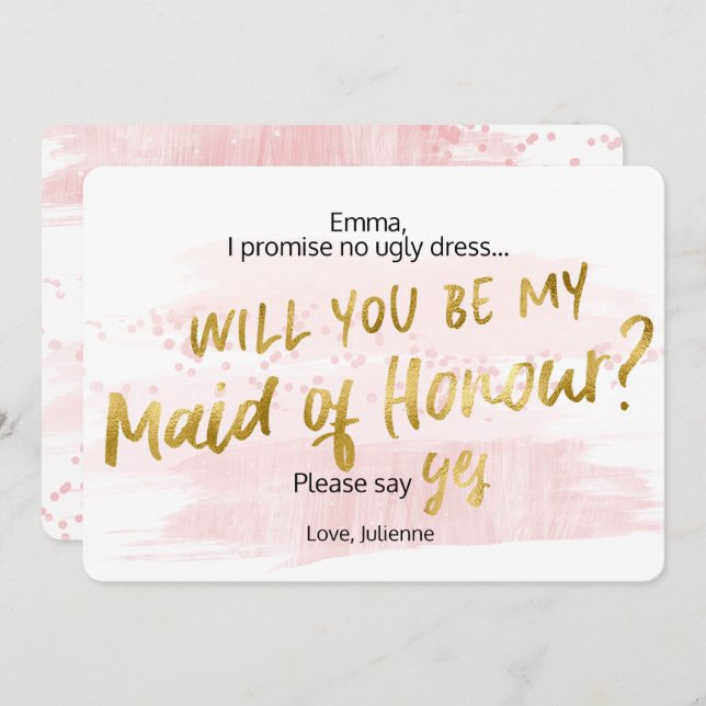 Be my Maid of Honour Blush Gold Watercolor Invitation (Front/Back)