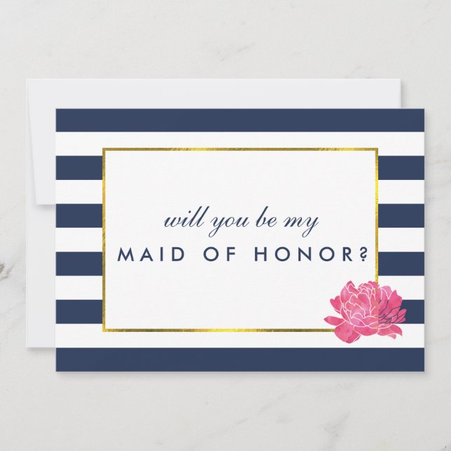 Be My Maid of Honour Card | Navy Stripe Pink Peony (Front)