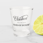 Be My Maid of Honour Handwritten Swash Calligraphy Shot Glass<br><div class="desc">Unique wedding attendant request in elegant handwritten script text. Fully customisable -- the swash accent CAN be edited for size, colour, rotation and placement to accent any name. Click "Customise further" to make changes and create your own look. Please Note: This style has been set up for most names with...</div>